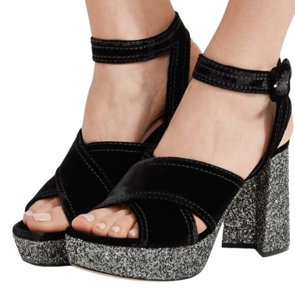 Miu Miu Calzature Donna Glitter Platform Heels Sandals. Black/Silver. EU 38.5